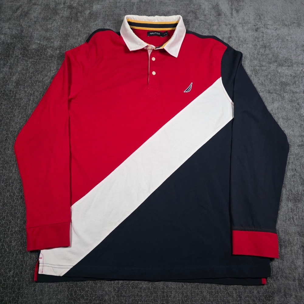 Nautica Rugby Shirt Mens XL Red White Blue Sailing Team Long Sleeve Polo